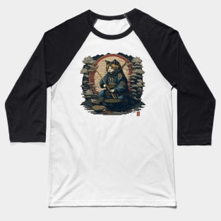 Cat samurai with a bowl of ramen Baseball T-Shirt